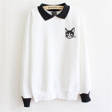 Women Korean Long Sleeve Sweatshirt Hoodies Cute Cat Printed Loose Jumper Lapel Pullover Sweatshirt NW