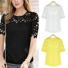 Women Lace Blouses Sexy Plus Size Hollow Crochet Chiffon Blusas Feminina Short Sleeve Shirt Top Blouse S-XL NW
