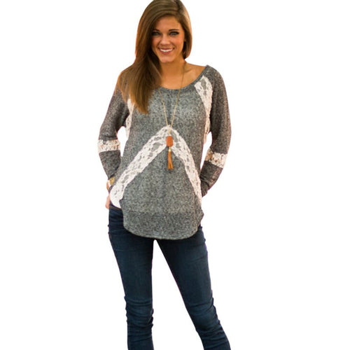 Women Long Sleeve Scoop Neck Loose Sweater Lace Blouse Shirt Top Blouse Pullover NW