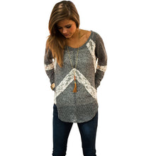 Women Long Sleeve Scoop Neck Loose Sweater Lace Blouse Shirt Top Blouse Pullover NW