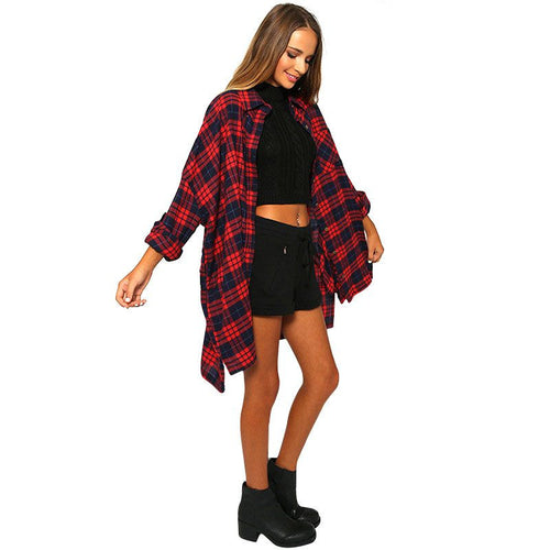 Women Red Plaid Long Shirt Coat Turn Down Collar Casual Loose Shirts Tops Blouse Plus Size NW