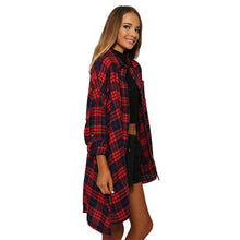 Women Red Plaid Long Shirt Coat Turn Down Collar Casual Loose Shirts Tops Blouse Plus Size NW