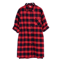 Women Red Plaid Long Shirt Coat Turn Down Collar Casual Loose Shirts Tops Blouse Plus Size NW