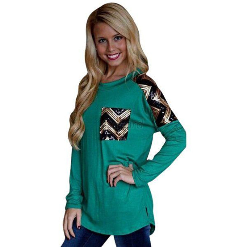 Women Sequins Decor Long Sleeve Loose Shirts Blouse Pullover Casual Tops Shirt NW