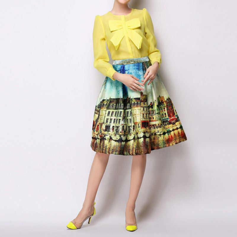 Women Stretch High Waist Painting Skater Flared Pleated Long Maxi Skirt S-XXL NW