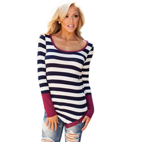 Women Stripe Long Sleeve Slim Tops Irregular Hem T-Shirt Fall Casual Shirt S-XL NW