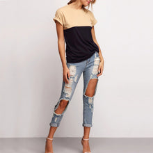 Women Tee Tops Patchwork Crew Neck Short Sleeve T-shirt Casual Female Tee Shirts NW