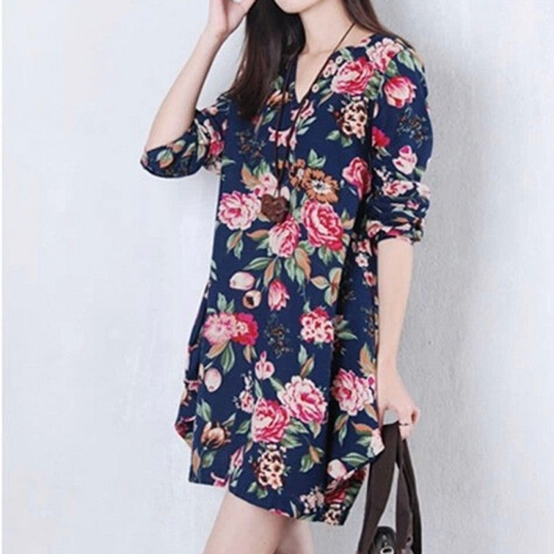 Women Vintage Floral Long Sleeve V-Neck Casual Dress Pregnant Maternity Linen Dresses M-XXL NW