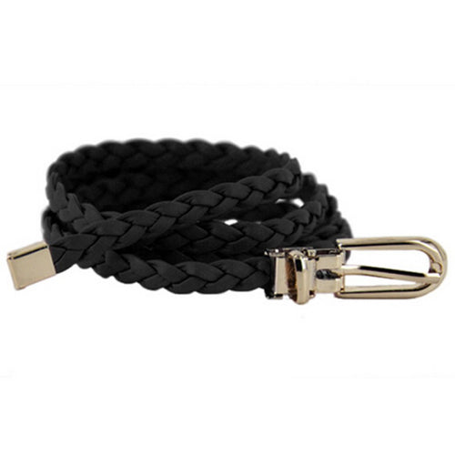 Women Weaved Braid PU Leather Skinny Narrow Waistband Waist Belt 1 CM Wide E80 NW
