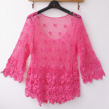 Women's Crochet Hollow Floral Blouse 3 4 Sleeve Casual Loose Crop Tops NW