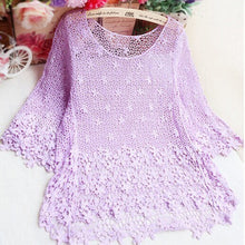 Women's Crochet Hollow Floral Blouse 3 4 Sleeve Casual Loose Crop Tops NW