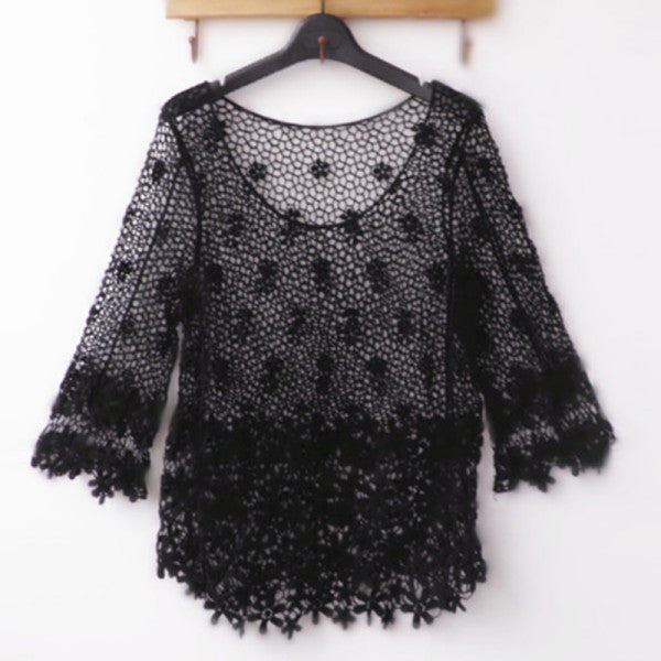 Women's Crochet Hollow Floral Blouse 3 4 Sleeve Casual Loose Crop Tops NW