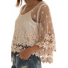Women's Crochet Hollow Floral Blouse 3 4 Sleeve Casual Loose Crop Tops NW