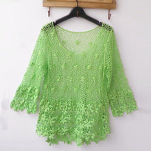 Women's Crochet Hollow Floral Blouse 3 4 Sleeve Casual Loose Crop Tops NW