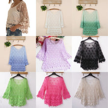 Women's Crochet Hollow Floral Blouse 3 4 Sleeve Casual Loose Crop Tops NW
