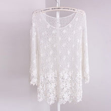 Women's Crochet Hollow Floral Blouse 3 4 Sleeve Casual Loose Crop Tops NW