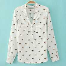Women's Dog Printed Chiffon V-neck Long Sleeve Leisure Button Shirt Blouse Tops NW