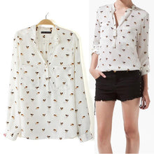 Women's Dog Printed Chiffon V-neck Long Sleeve Leisure Button Shirt Blouse Tops NW
