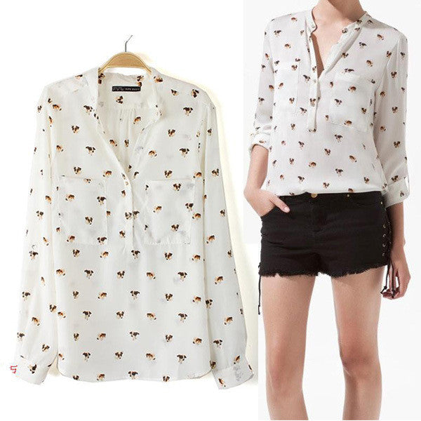 Women's Dog Printed Chiffon V-neck Long Sleeve Leisure Button Shirt Blouse Tops NW