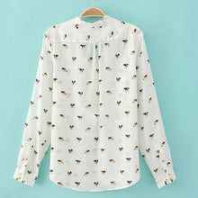Women's Dog Printed Chiffon V-neck Long Sleeve Leisure Button Shirt Blouse Tops NW