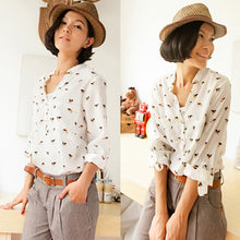 Women's Dog Printed Chiffon V-neck Long Sleeve Leisure Button Shirt Blouse Tops NW
