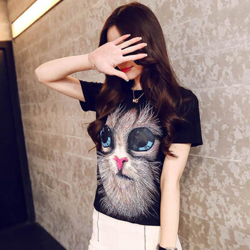 Womens Tops Fashion Women Tees Cute Cat Print T-shirt Short Sleeve Tops Cotton M-XXL Plus Size NW