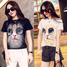 Womens Tops Fashion Women Tees Cute Cat Print T-shirt Short Sleeve Tops Cotton M-XXL Plus Size NW