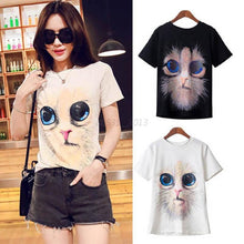 Womens Tops Fashion Women Tees Cute Cat Print T-shirt Short Sleeve Tops Cotton M-XXL Plus Size NW